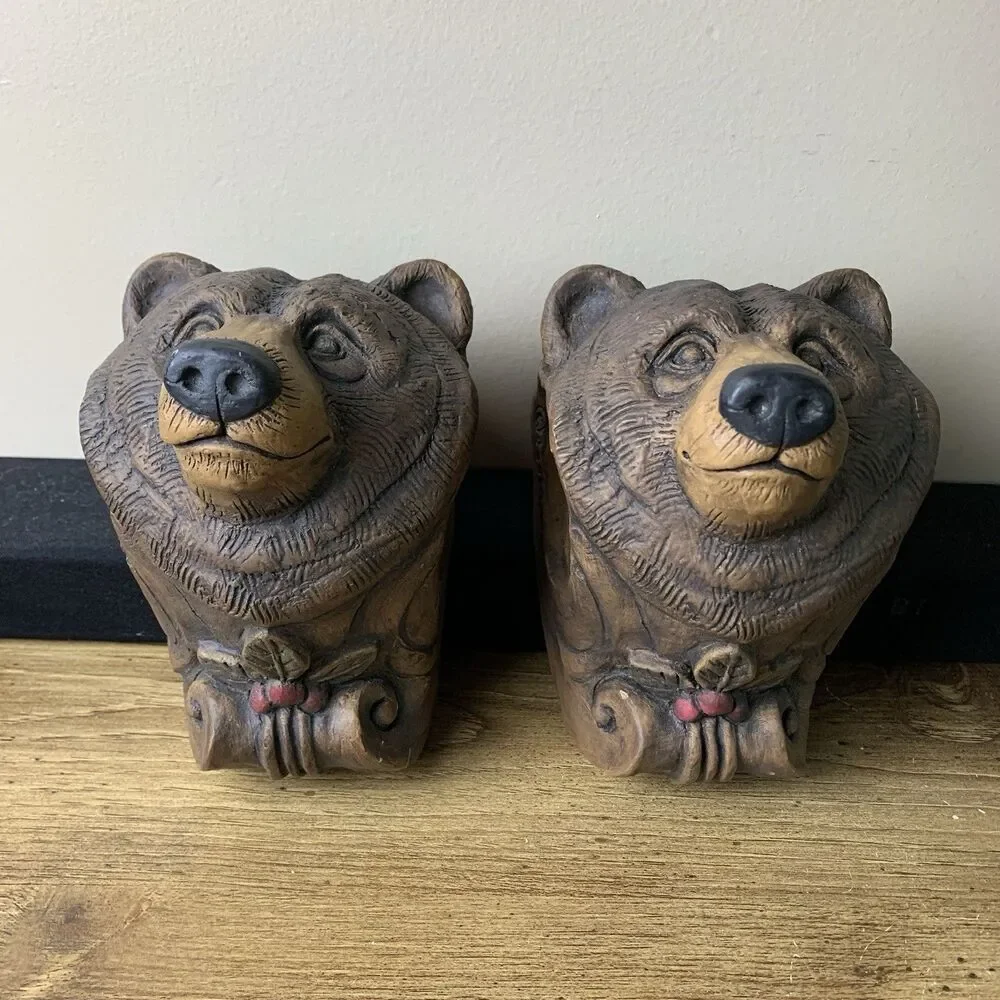 2001 Telle M Stein 2 Brown Bear Drapery Bracket Curtin Rod Holder Folk Art Decor